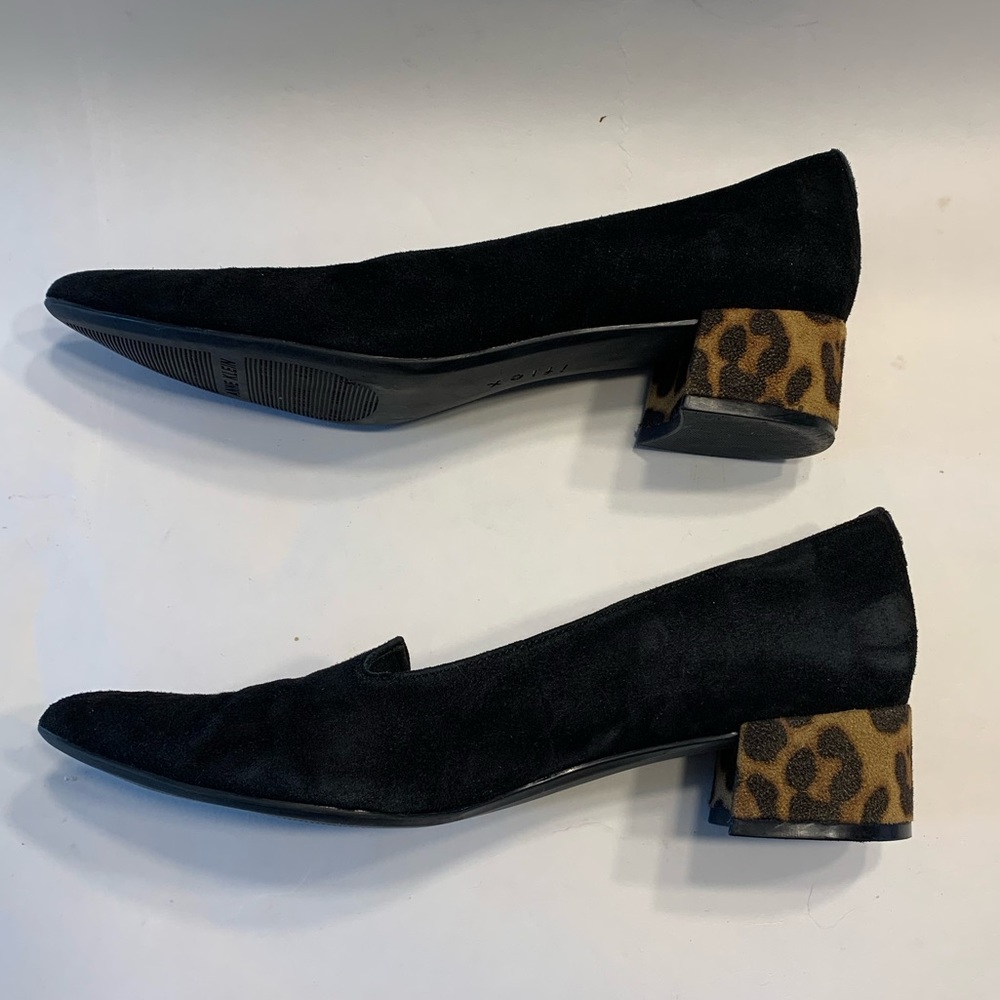 Anne Klein Black Suede Pumps with Leopard Print Block Heel
